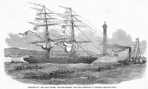 1852年8月7日、「The Illustrated London News」からサンダーランドからオーストラリアへの最初の移民船「The Lizzie Webber」の出発 作： English School